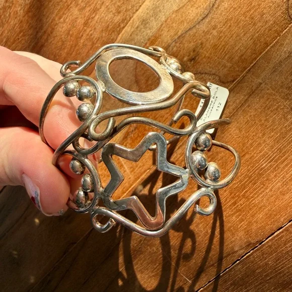 Vintage 90s Mexico Stamped Silver Tone Cuff Bracelets Set Star Oval Ball Design - Picture 6 of 8